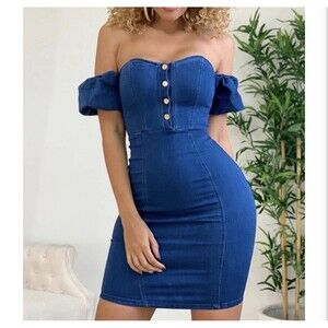 Curvy Sense Women’s Dress Size 2XL Fitted denim short puff sleeves Blue